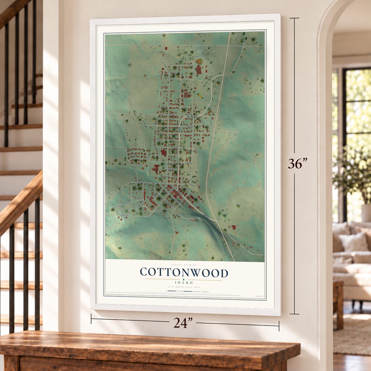 Cottonwood, Idaho map, 24 x 36 inch print in a white frame by a staircase