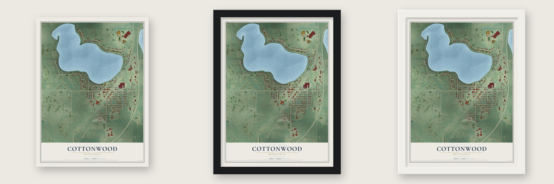 Cottonwood, Minnesota map unframed, in a black wood frame and in a white wood frame