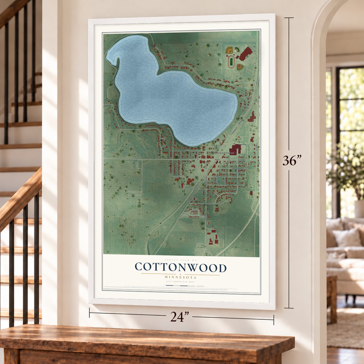 Cottonwood, Minnesota map, 24 x 36 inch print in a white frame by a staircase