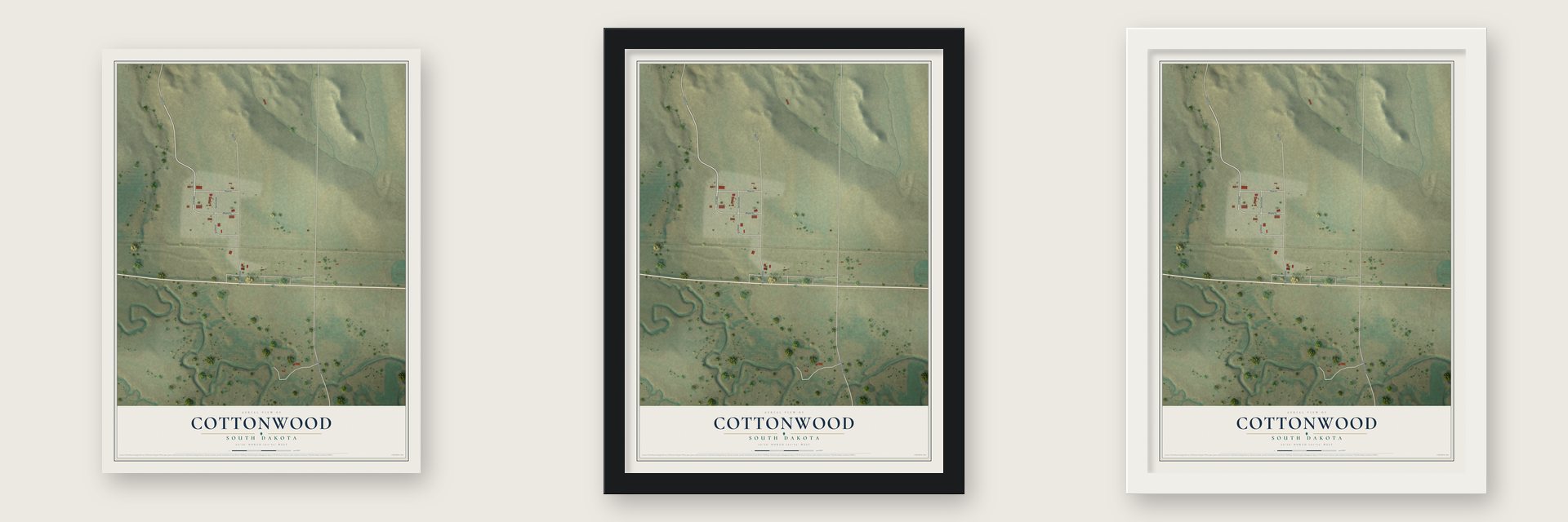 Cottonwood, South Dakota map unframed, in a black wood frame and in a white wood frame