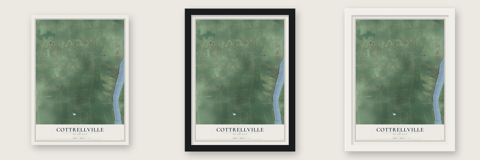 Cottrellville, Michigan map unframed, in a black wood frame and in a white wood frame