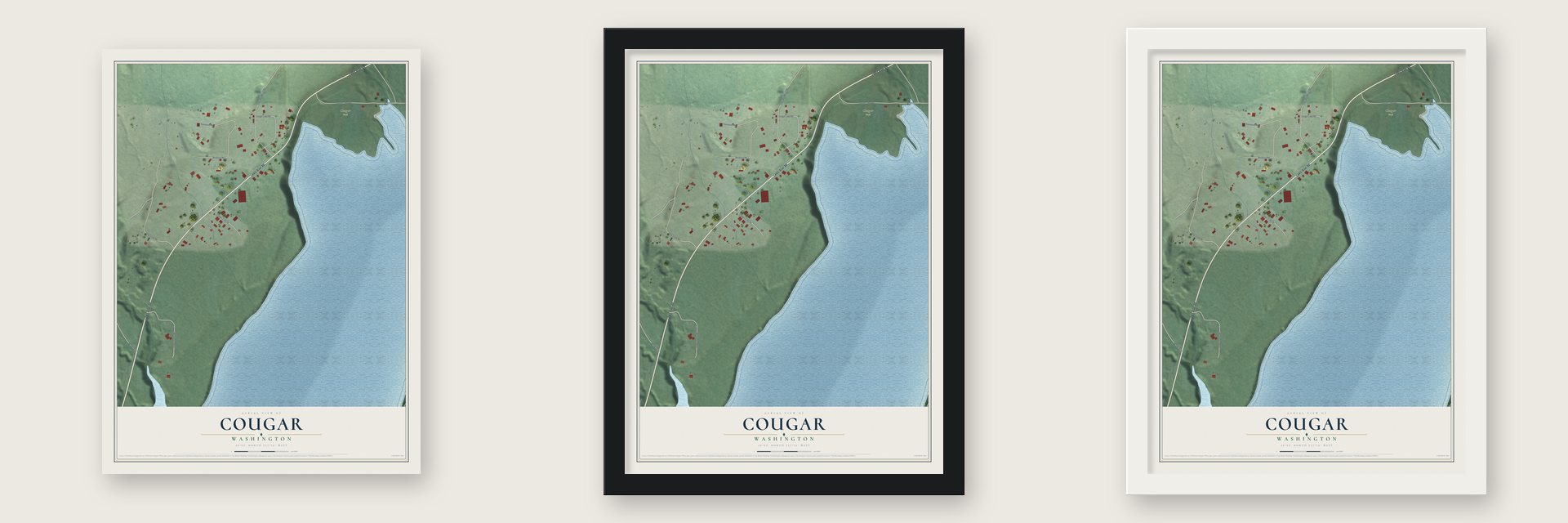 Cougar, Washington map unframed, in a black wood frame and in a white wood frame