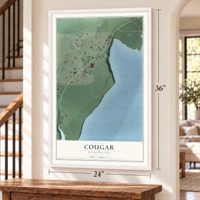 Cougar, Washington map, 24 x 36 inch print in a white frame by a staircase