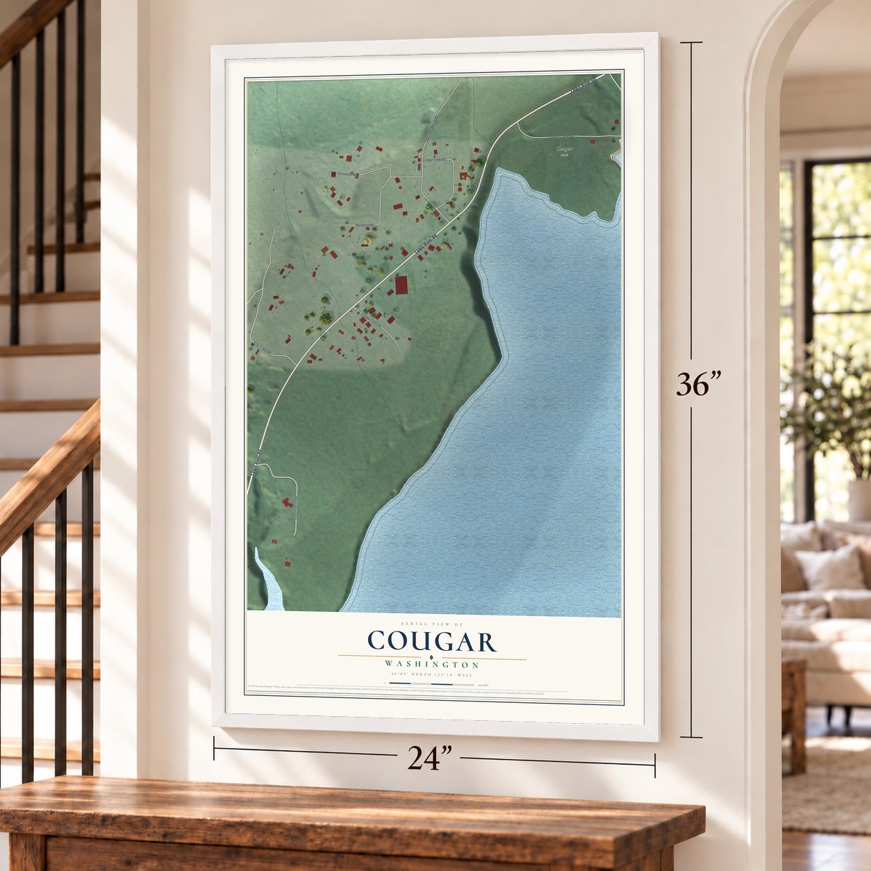 Cougar, Washington map, 24 x 36 inch print in a white frame by a staircase