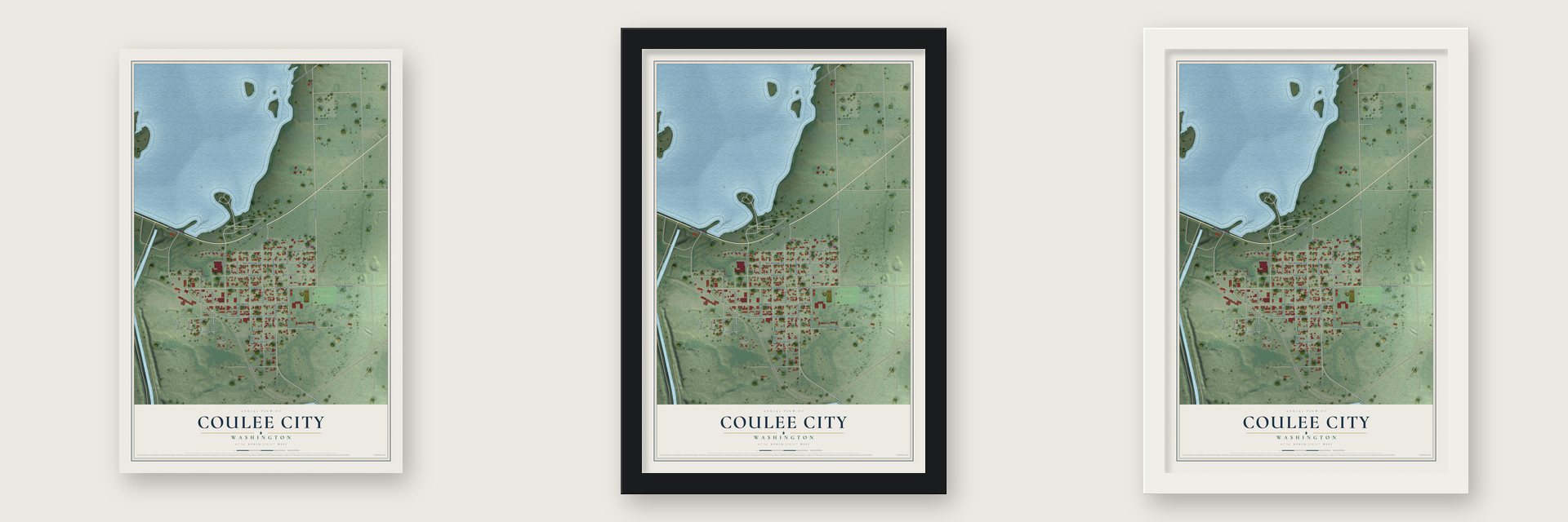 Coulee City, Washington map unframed, in a black wood frame and in a white wood frame
