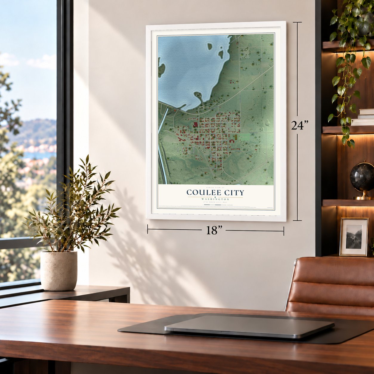Coulee City, Washington map, 18 x 24 inch print in a white frame in a home office
