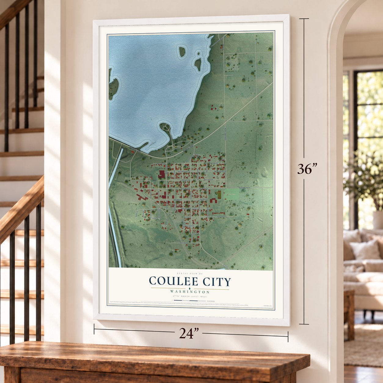 Coulee City, Washington map, 24 x 36 inch print in a white frame by a staircase