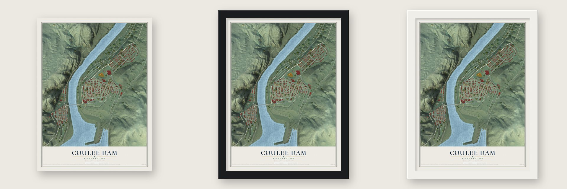 Coulee Dam, Washington map unframed, in a black wood frame and in a white wood frame