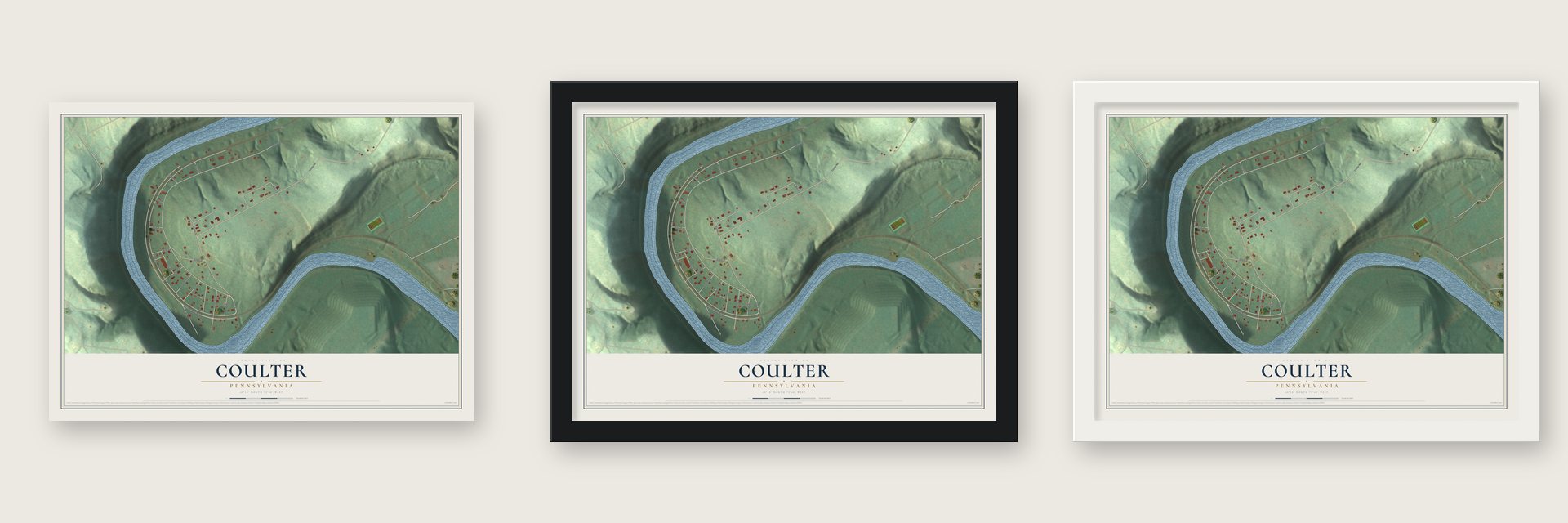 Coulter, Pennsylvania map unframed, in a black wood frame and in a white wood frame