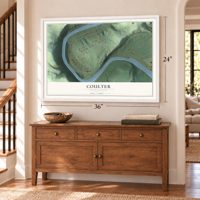 Coulter, Pennsylvania map, 24 x 36 inch print in a white frame above a dresser by a staircase