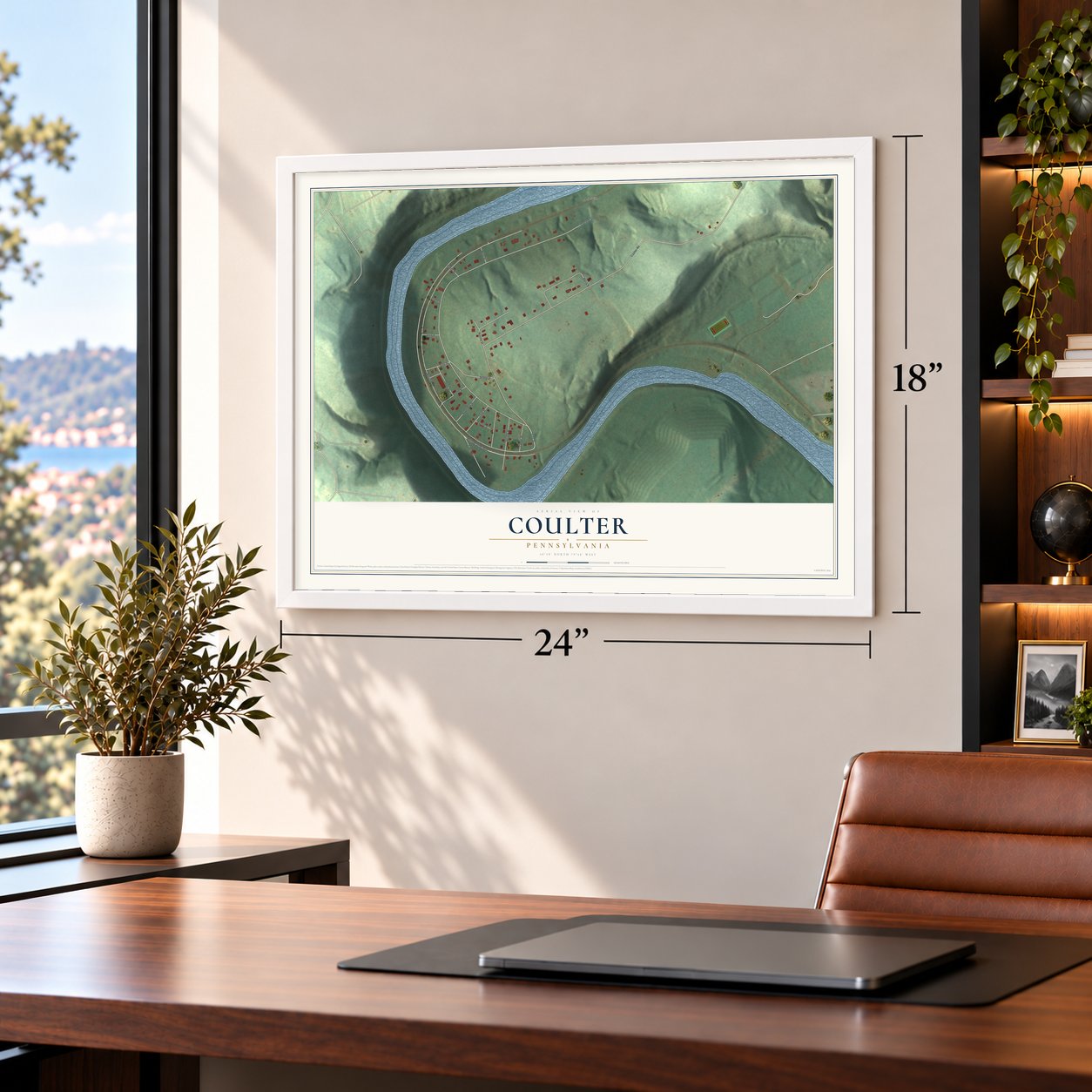 Coulter, Pennsylvania map, 18 x 24 inch print in a white frame in a home office
