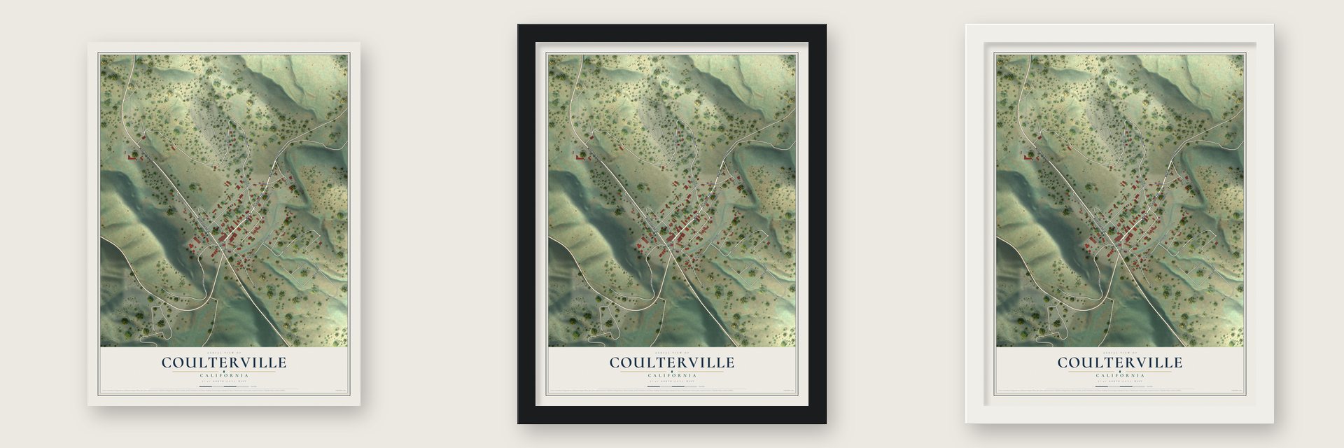 Coulterville, California map unframed, in a black wood frame and in a white wood frame