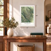 Coulterville, California map, 12 x 18 inch print in a white frame in an entryway