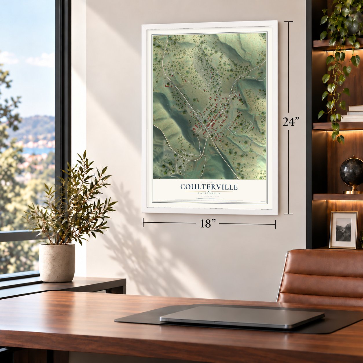 Coulterville, California map, 18 x 24 inch print in a white frame in a home office