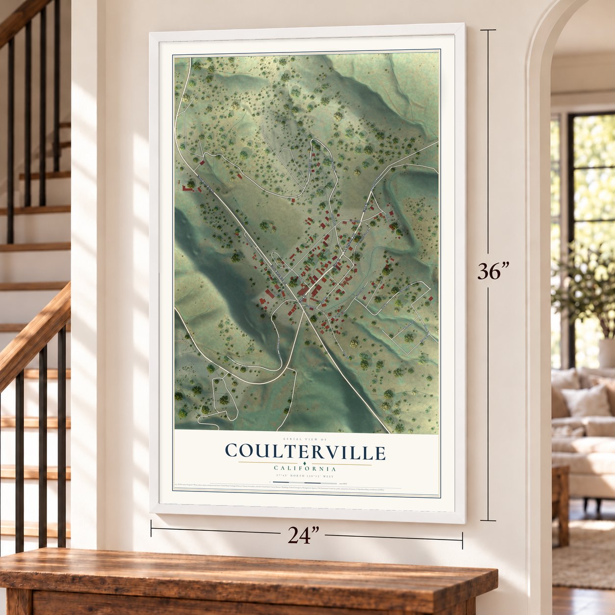 Coulterville, California map, 24 x 36 inch print in a white frame by a staircase