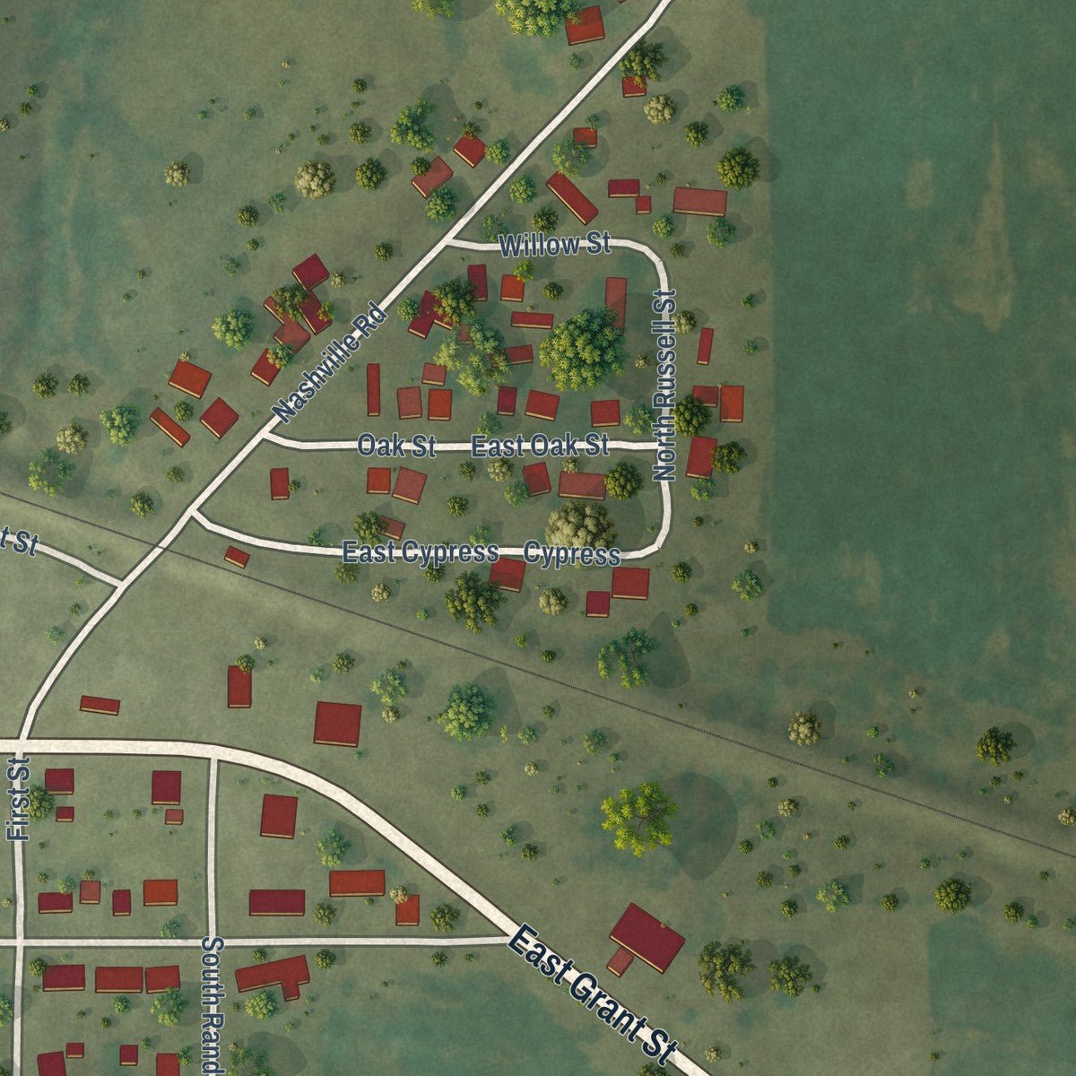 Second close-up of the map of Coulterville, Illinois print showing more streets and buildings