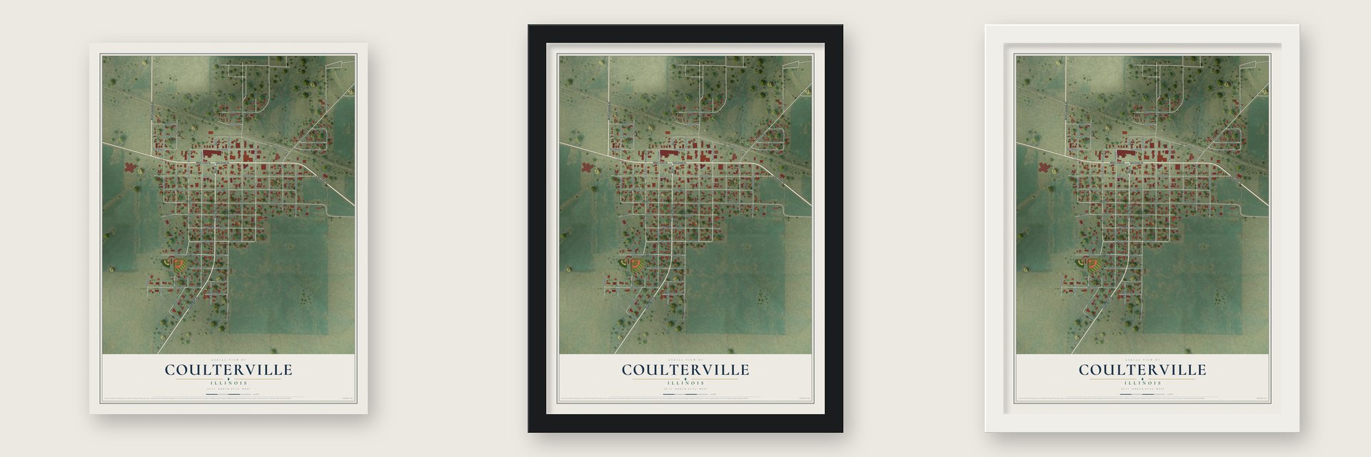 Coulterville, Illinois map unframed, in a black wood frame and in a white wood frame