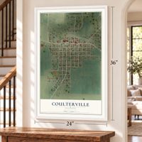 Coulterville, Illinois map, 24 x 36 inch print in a white frame by a staircase