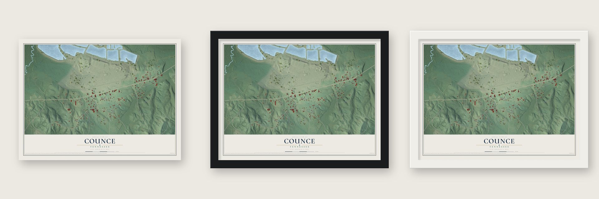 Counce, Tennessee map unframed, in a black wood frame and in a white wood frame