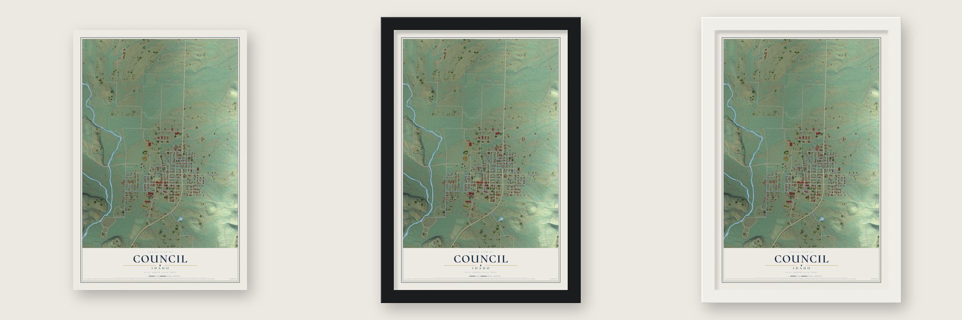 Council, Idaho map unframed, in a black wood frame and in a white wood frame