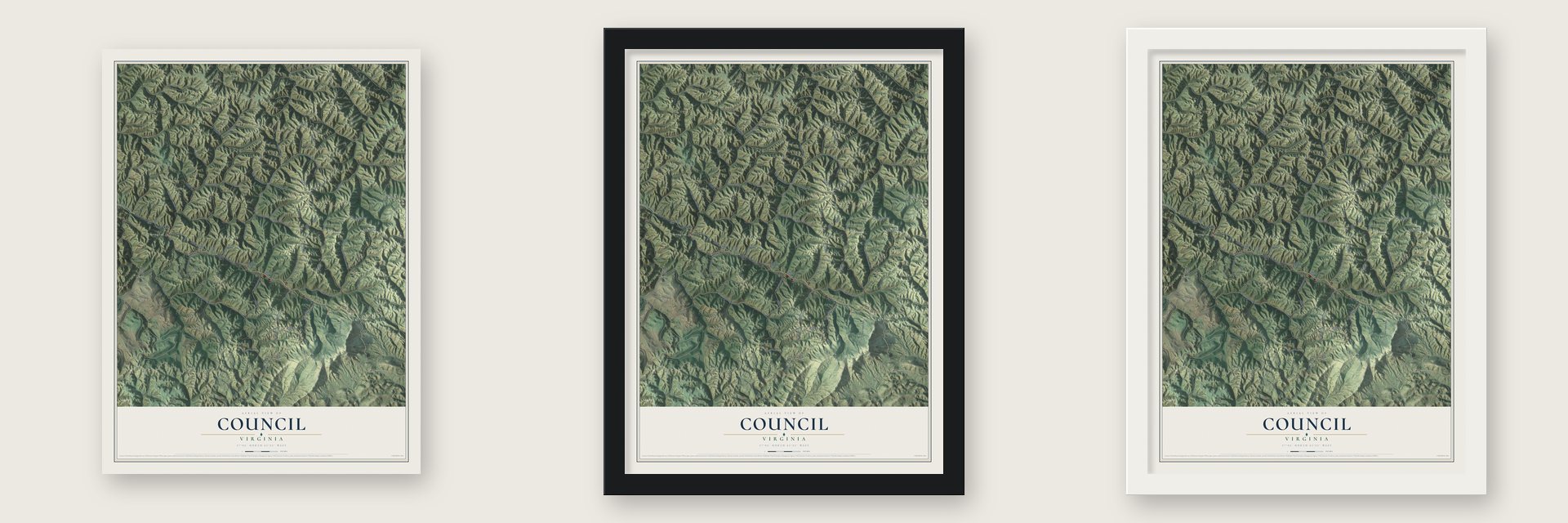 Council, Virginia map unframed, in a black wood frame and in a white wood frame