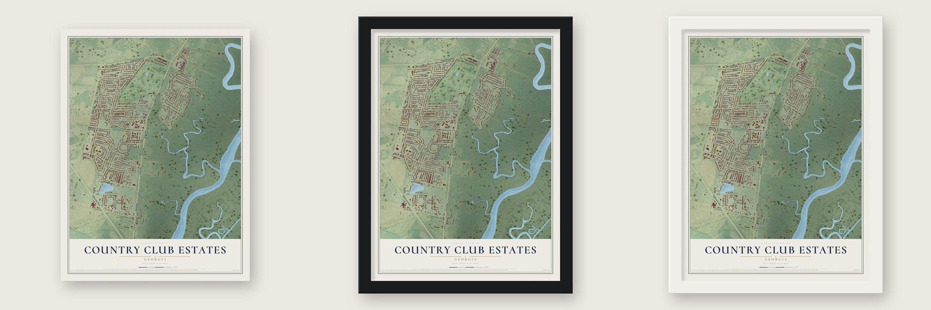 Country Club Estates, Georgia map unframed, in a black wood frame and in a white wood frame