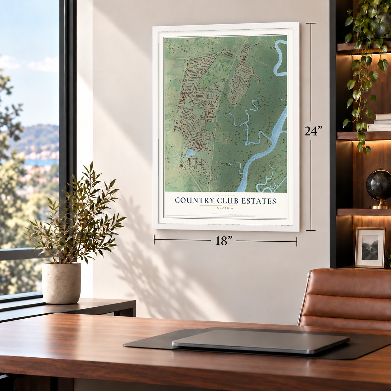 Country Club Estates, Georgia map, 18 x 24 inch print in a white frame in a home office