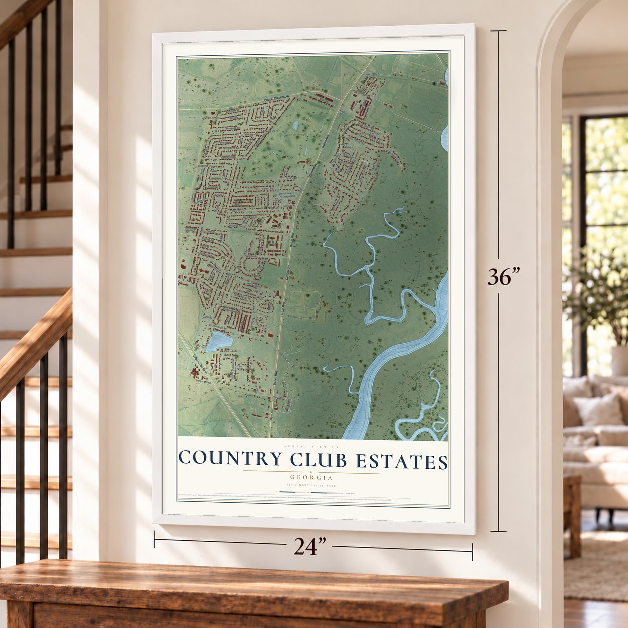 Country Club Estates, Georgia map, 24 x 36 inch print in a white frame by a staircase