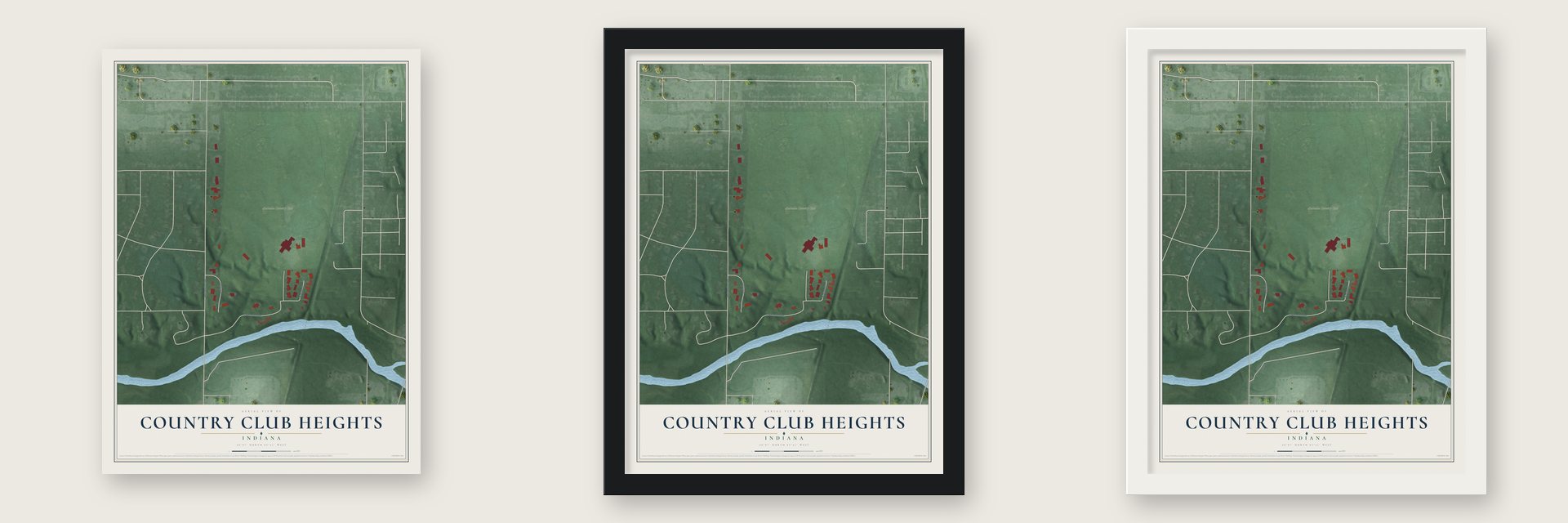 Country Club Heights, Indiana map unframed, in a black wood frame and in a white wood frame