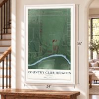 Country Club Heights, Indiana map, 24 x 36 inch print in a white frame by a staircase