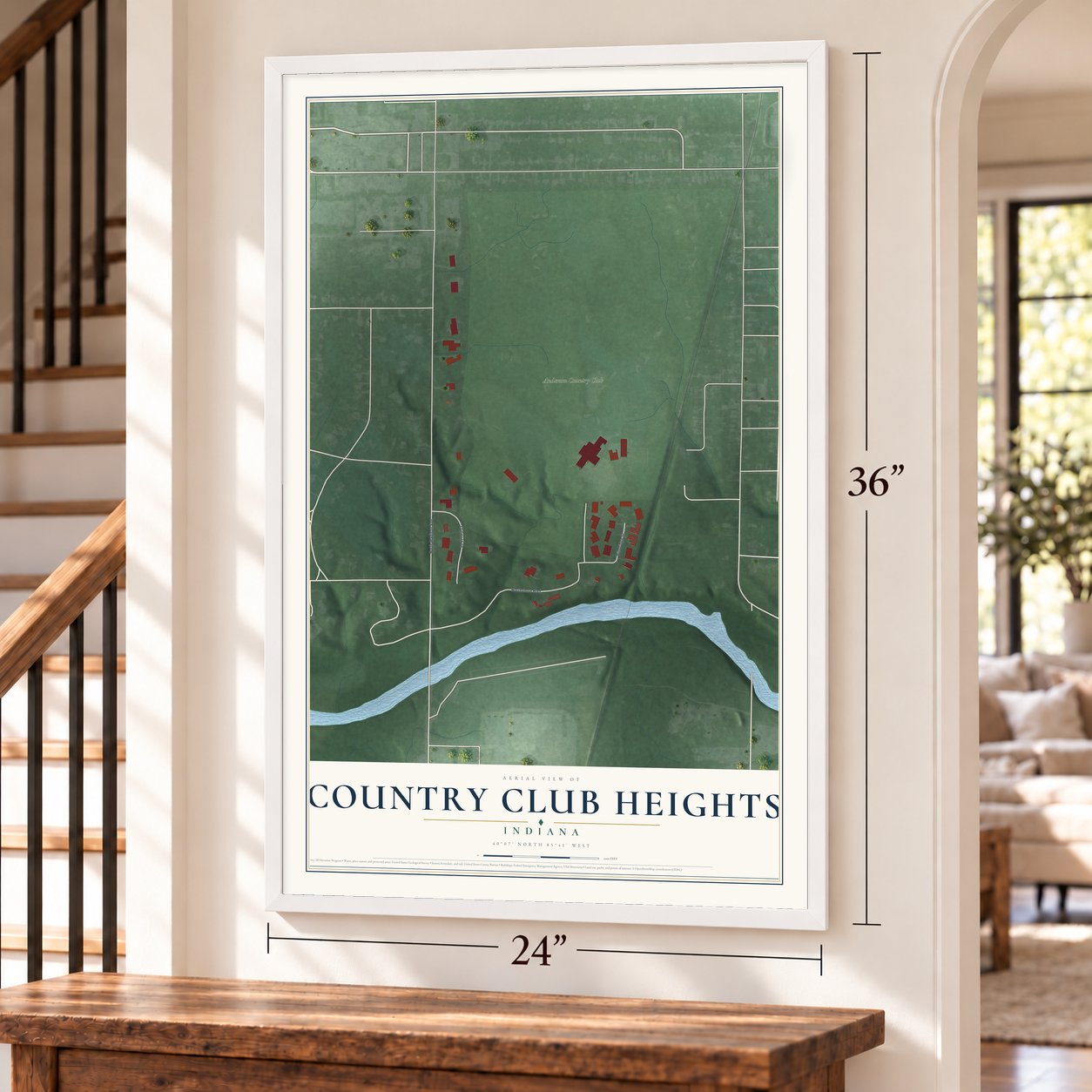 Country Club Heights, Indiana map, 24 x 36 inch print in a white frame by a staircase