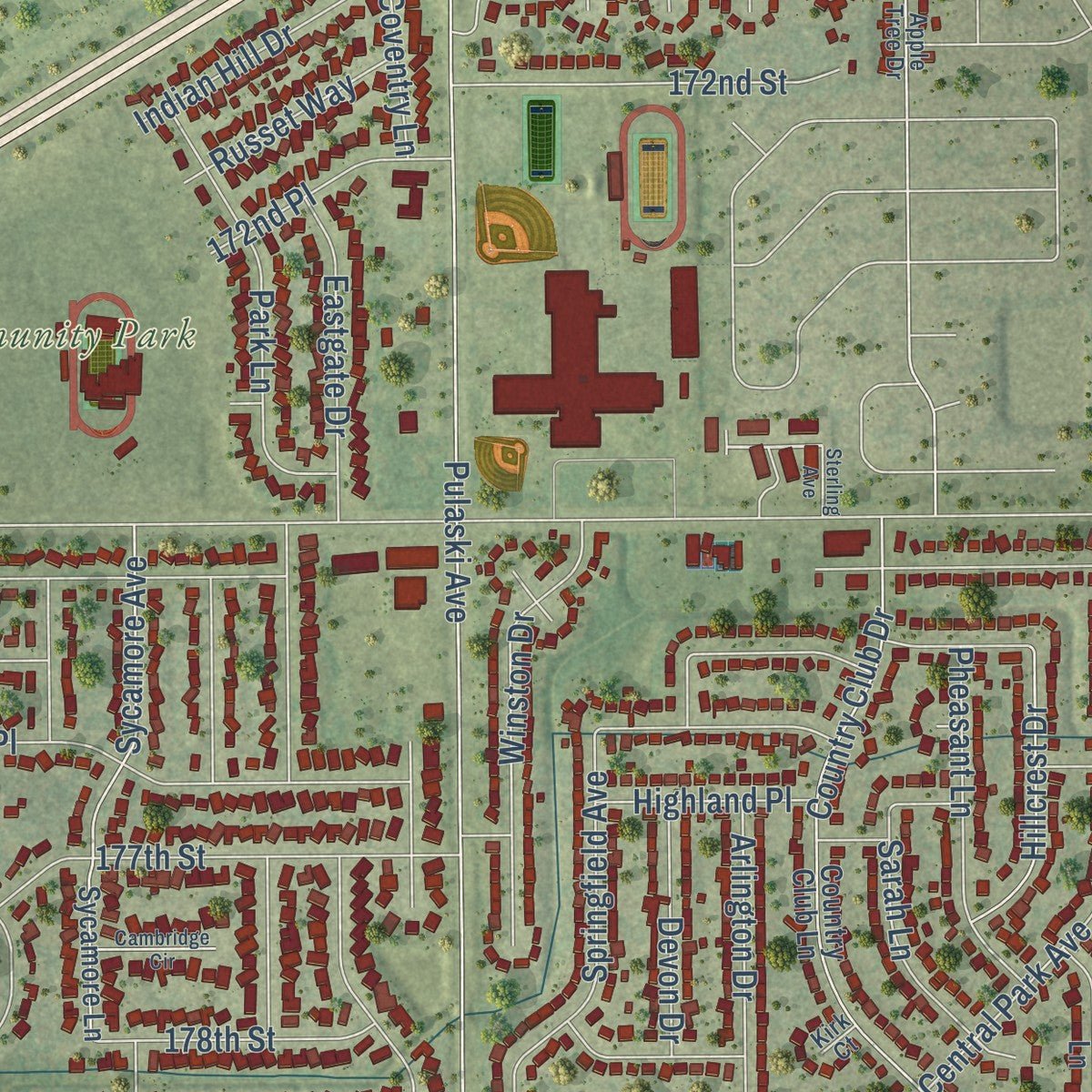 Second close-up of the map of Country Club Hills, Illinois print showing more streets and buildings