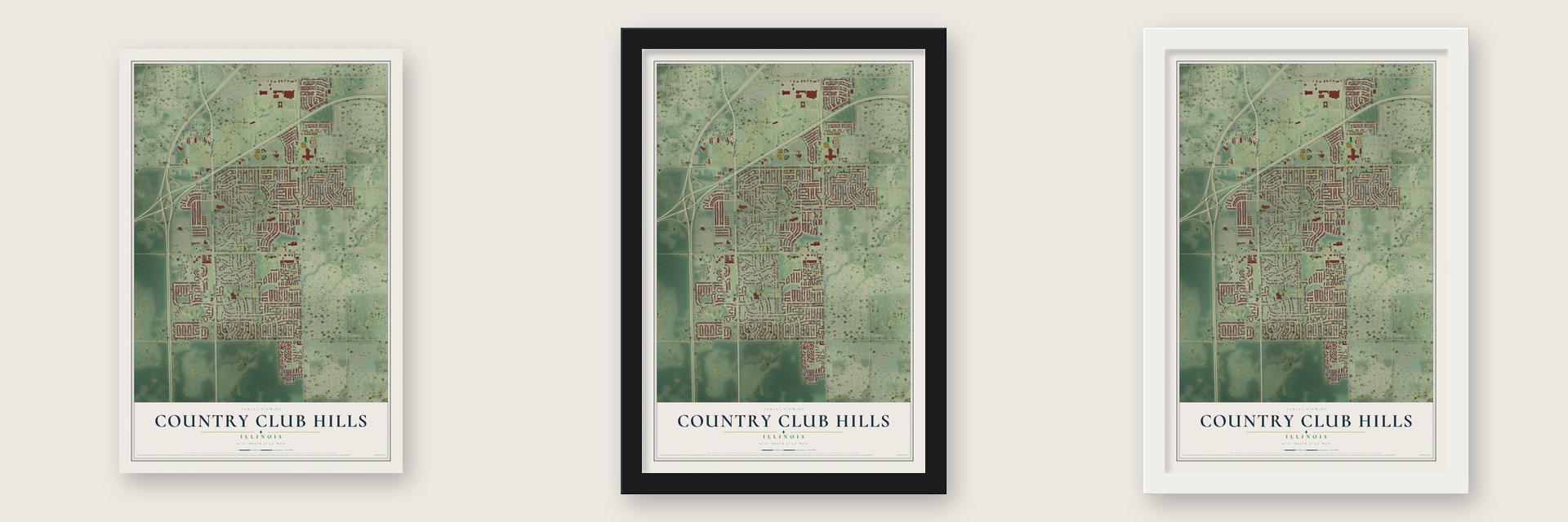 Country Club Hills, Illinois map unframed, in a black wood frame and in a white wood frame