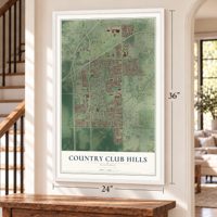 Country Club Hills, Illinois map, 24 x 36 inch print in a white frame by a staircase