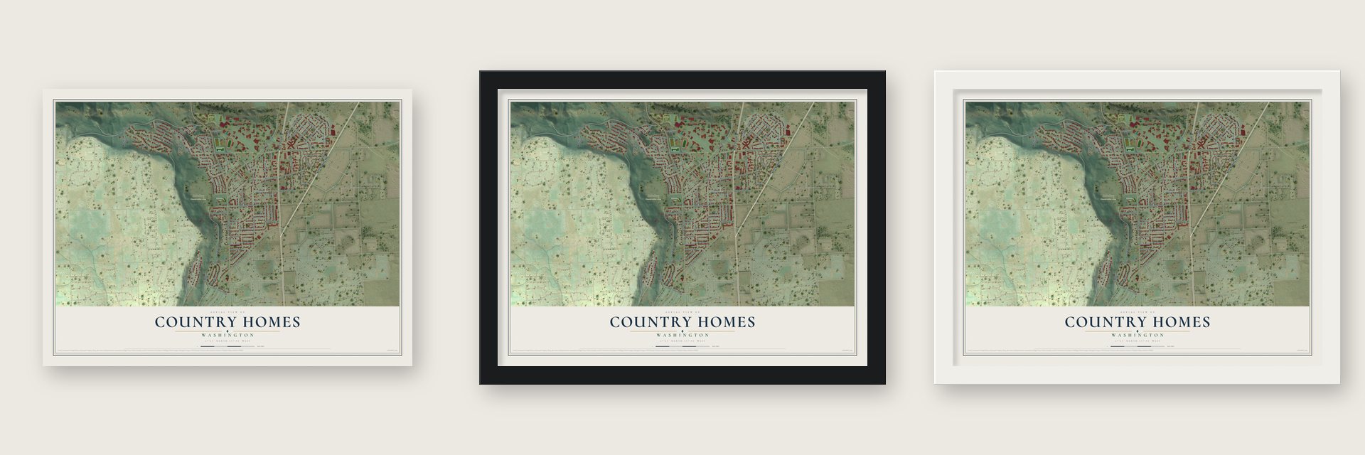 Country Homes, Washington map unframed, in a black wood frame and in a white wood frame