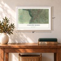 Country Homes, Washington map, 12 x 18 inch print in a white frame in an entryway