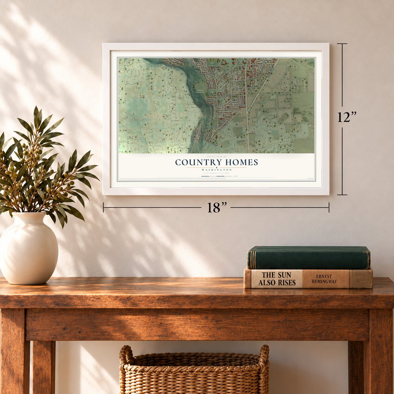Country Homes, Washington map, 12 x 18 inch print in a white frame in an entryway