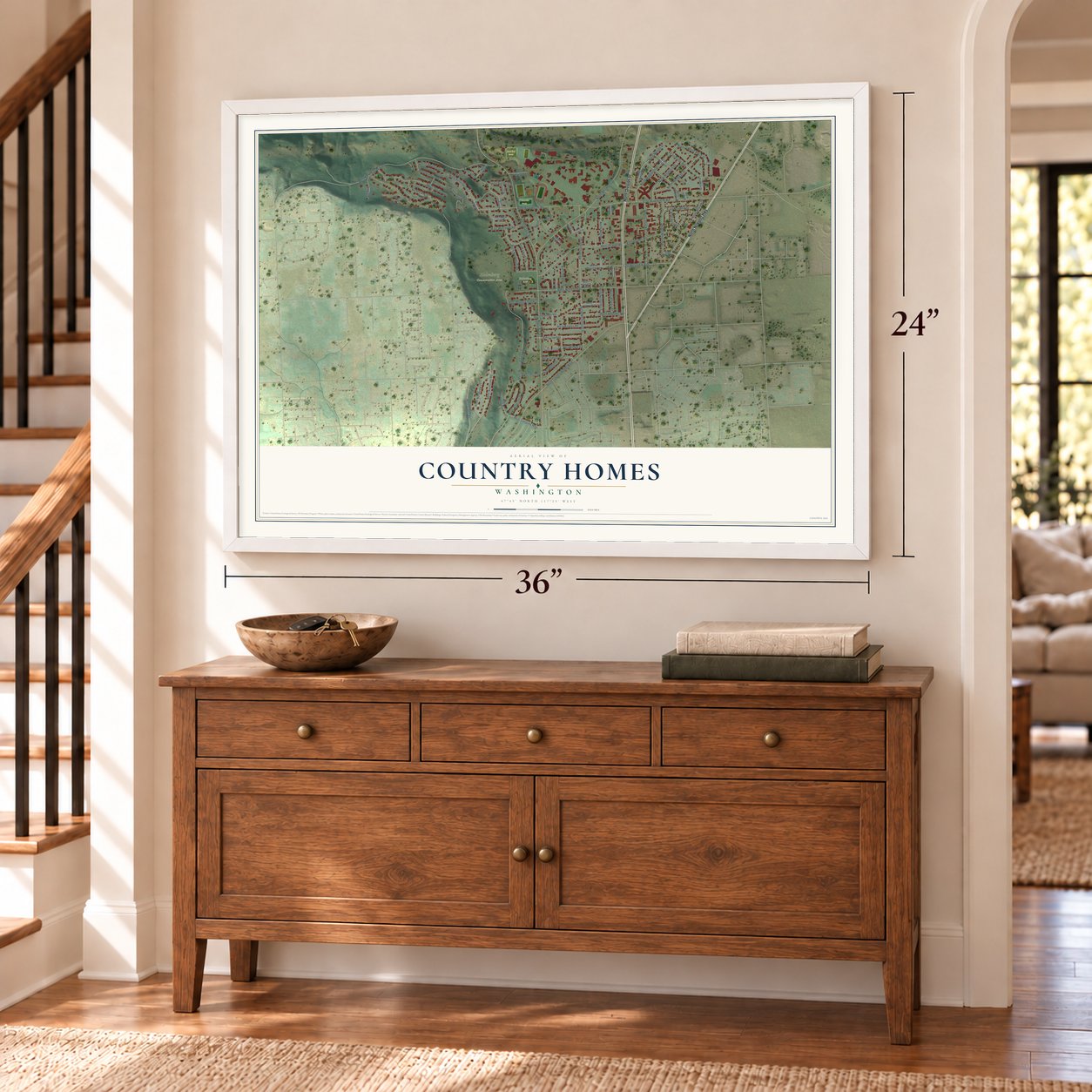 Country Homes, Washington map, 24 x 36 inch print in a white frame above a dresser by a staircase