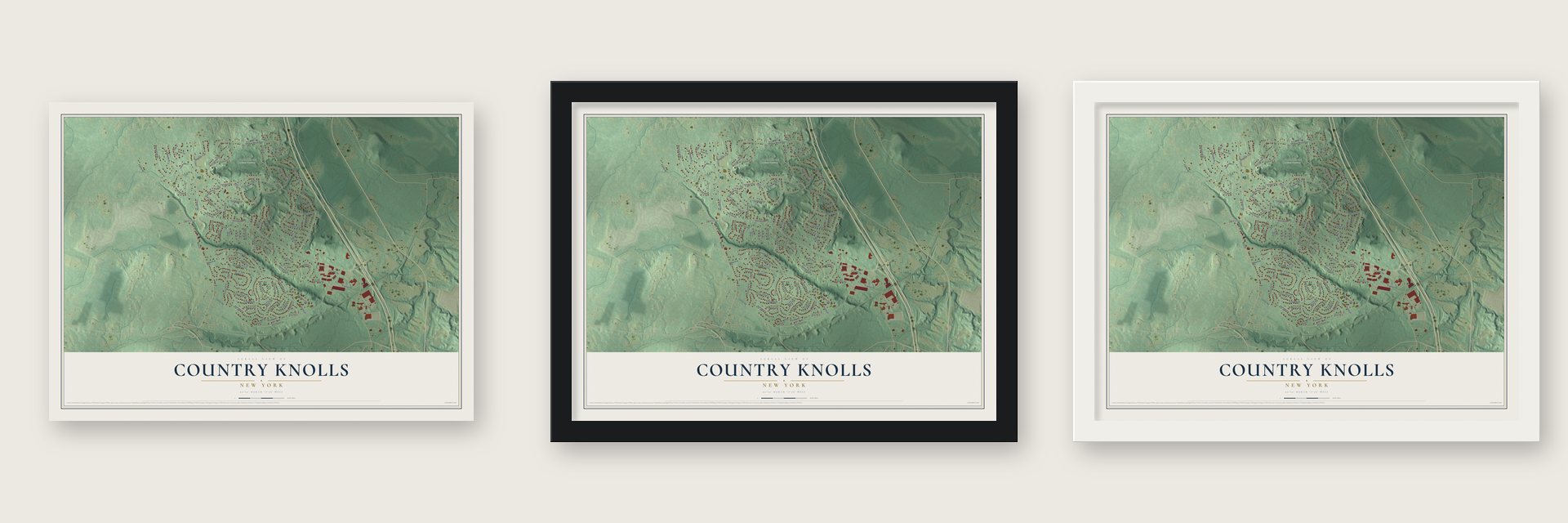 Country Knolls, New York map unframed, in a black wood frame and in a white wood frame