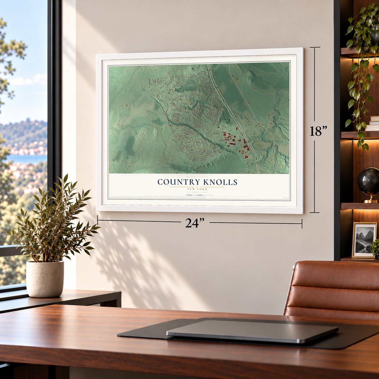 Country Knolls, New York map, 18 x 24 inch print in a white frame in a home office