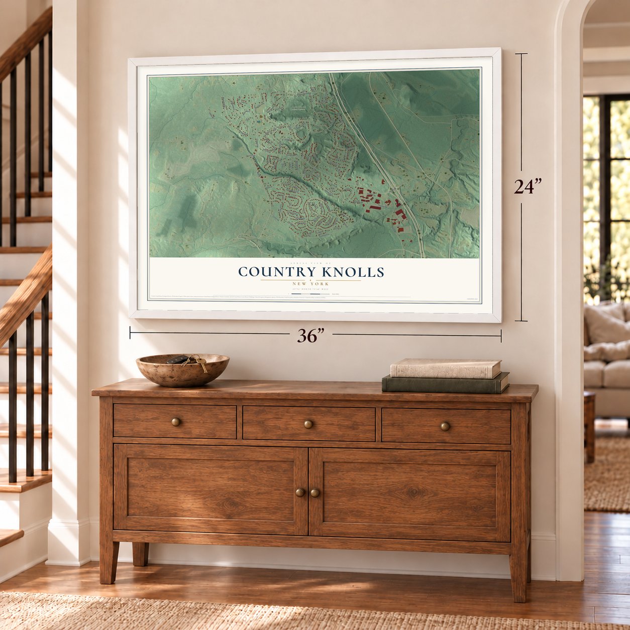Country Knolls, New York map, 24 x 36 inch print in a white frame above a dresser by a staircase