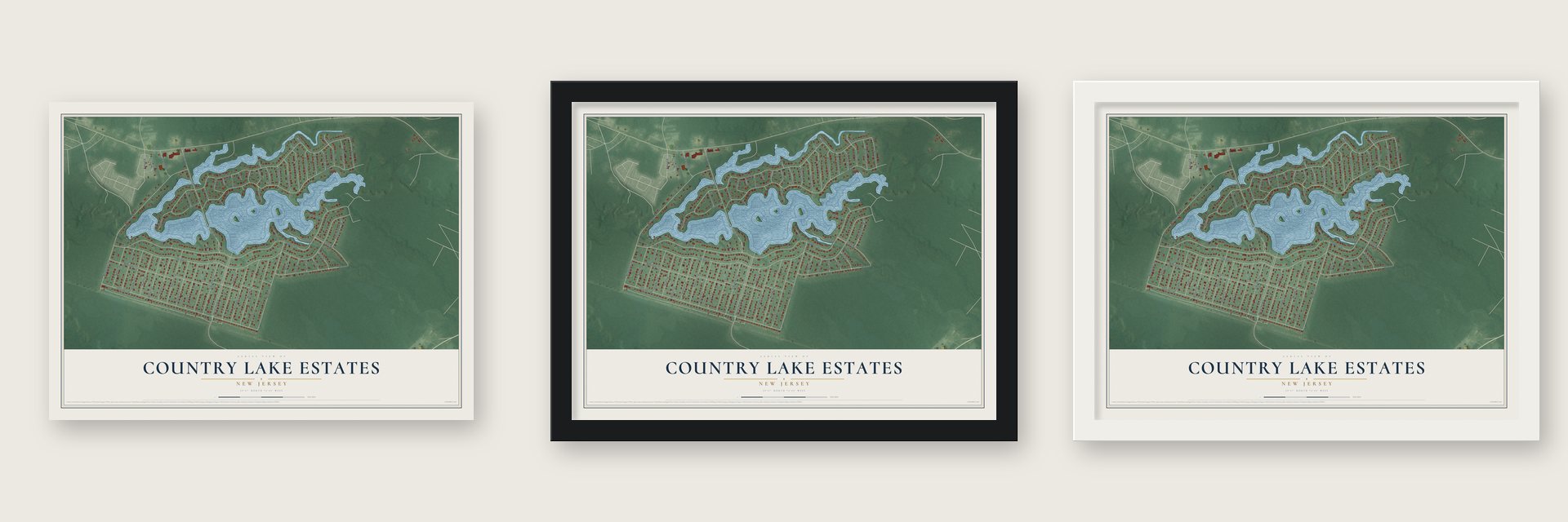 Country Lake Estates, New Jersey map unframed, in a black wood frame and in a white wood frame