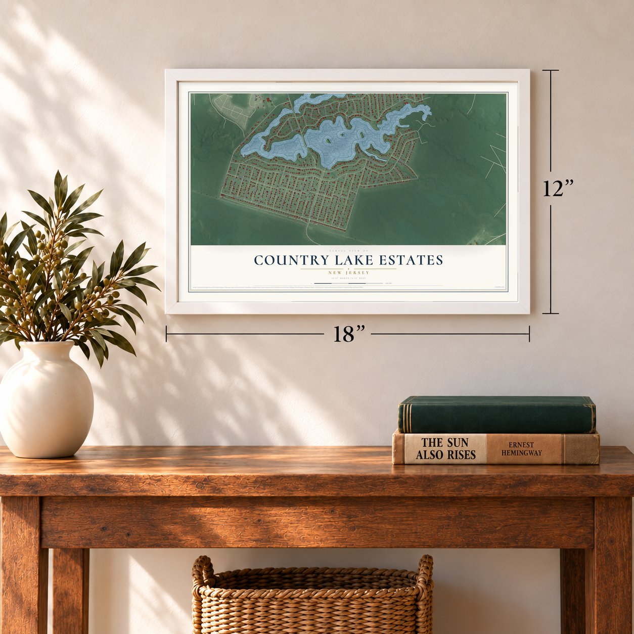 Country Lake Estates, New Jersey map, 12 x 18 inch print in a white frame in an entryway