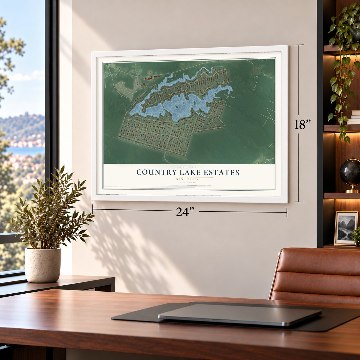 Country Lake Estates, New Jersey map, 18 x 24 inch print in a white frame in a home office