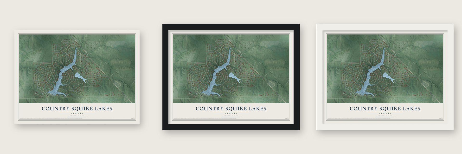 Country Squire Lakes, Indiana map unframed, in a black wood frame and in a white wood frame