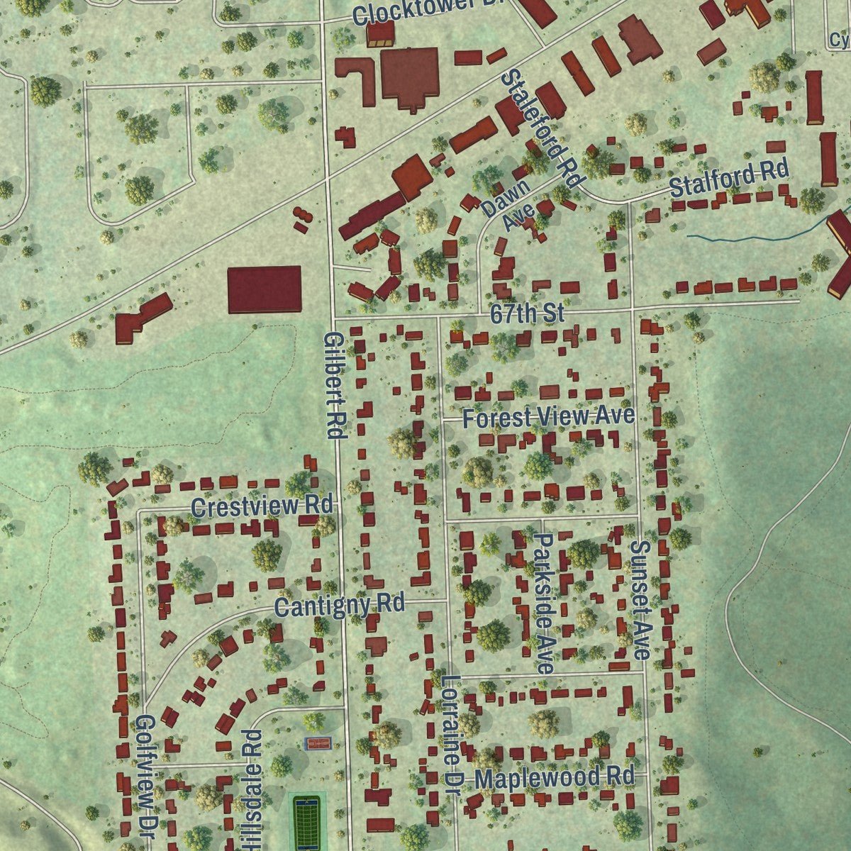 Second close-up of the map of Countryside, Illinois print showing more streets and buildings