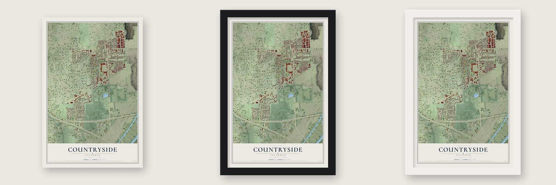 Countryside, Illinois map unframed, in a black wood frame and in a white wood frame