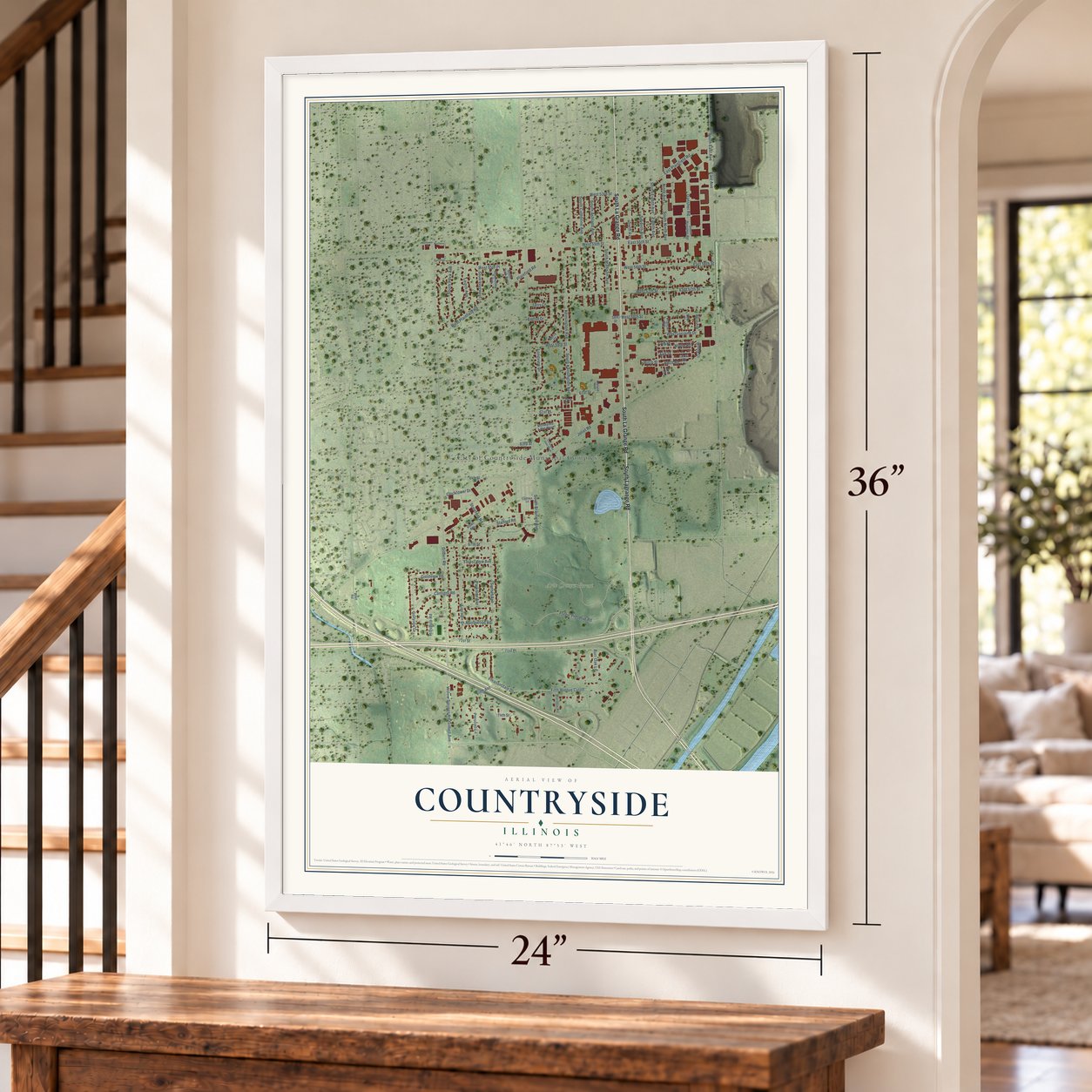 Countryside, Illinois map, 24 x 36 inch print in a white frame by a staircase
