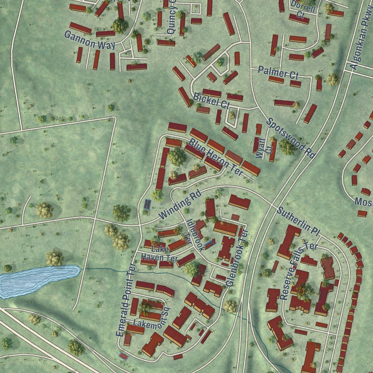 Second close-up of the map of Countryside, Virginia print showing more streets and buildings