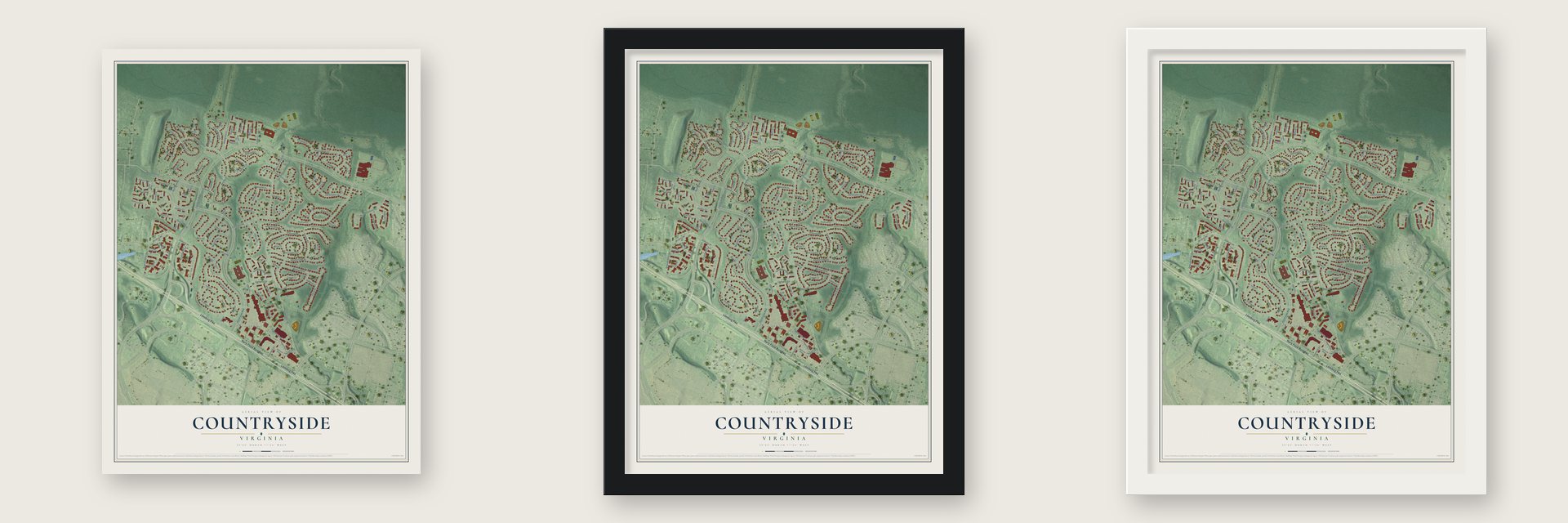 Countryside, Virginia map unframed, in a black wood frame and in a white wood frame